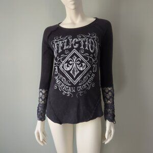 Affliction Rhinestone Lace Sleeve Fleur de Lis Printed Long Sleeve T-Shirt S